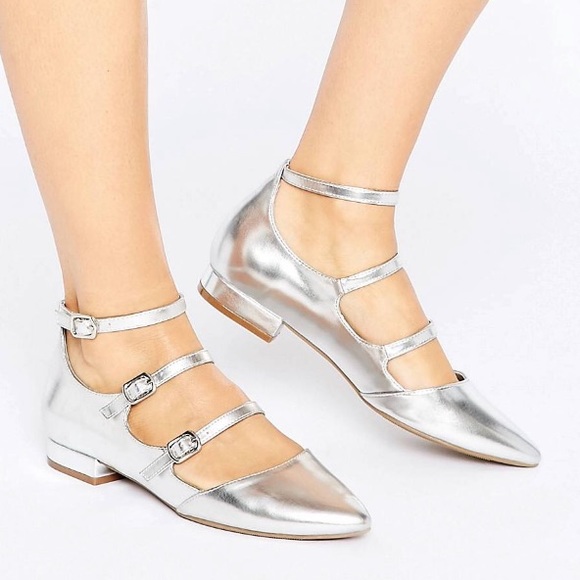 Shoes New Metallic Silver Triple Buckle Strap Pointy Ballet Flats — free download